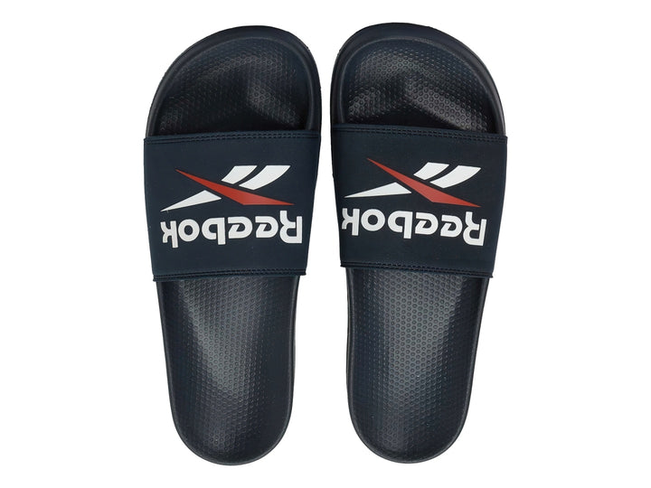 Sandalias Reebok Fulgere Slide en color azul marino con logotipo blanco y rojo en la banda superior.