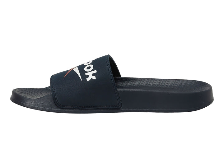 Sandalias Reebok Fulgere Slide en color azul marino con logotipo blanco y rojo en la banda superior.