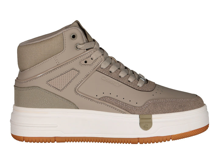 Tenis Charly de bota alta en color beige con suela blanca y base marrón.