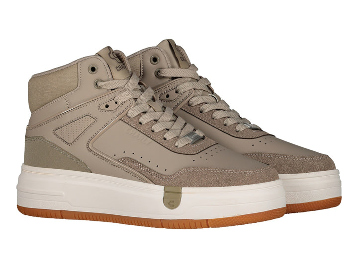 Tenis Charly de bota alta en color beige con suela blanca y base marrón.
