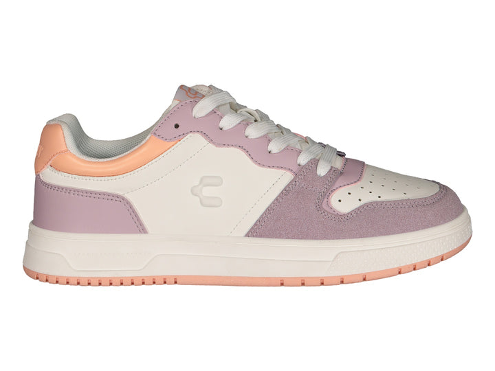 Tenis deportivos Charly en colores blanco, lila y durazno con suela blanca y cordones.