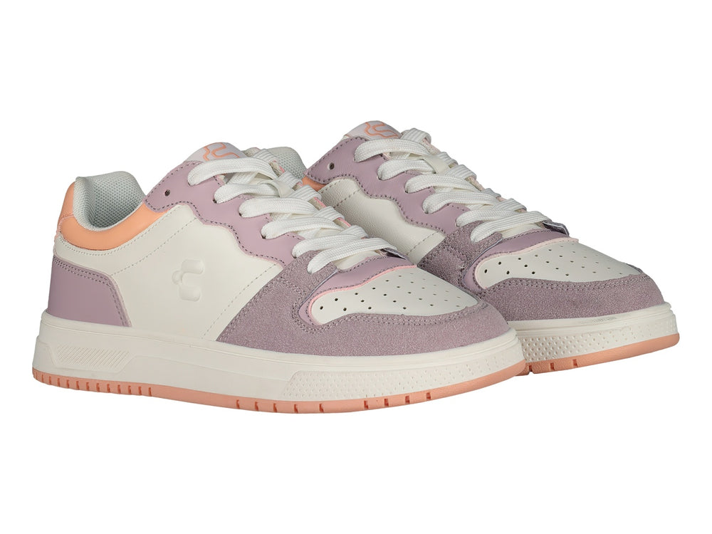 Tenis deportivos Charly en colores blanco, lila y durazno con suela blanca y cordones.