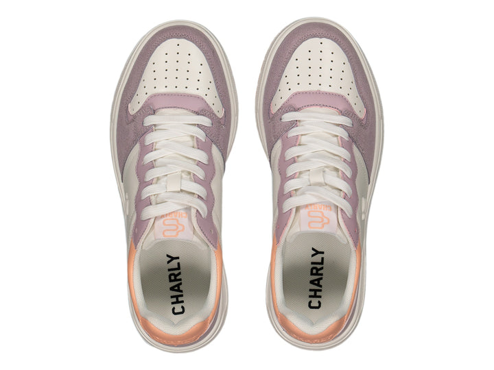 Tenis deportivos Charly en colores blanco, lila y durazno con suela blanca y cordones.