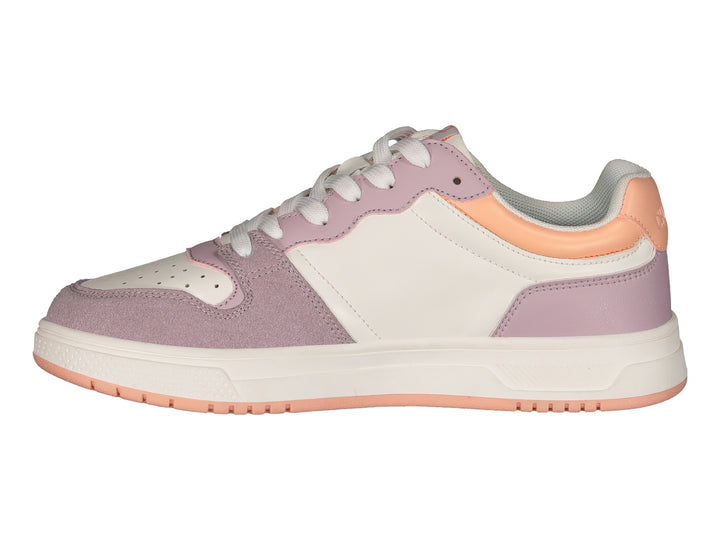 Tenis deportivos Charly en colores blanco, lila y durazno con suela blanca y cordones.