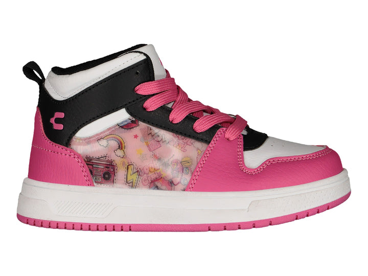 Tenis deportivos Charly para niña en colores blanco, rosa y negro con detalles estampados laterales.