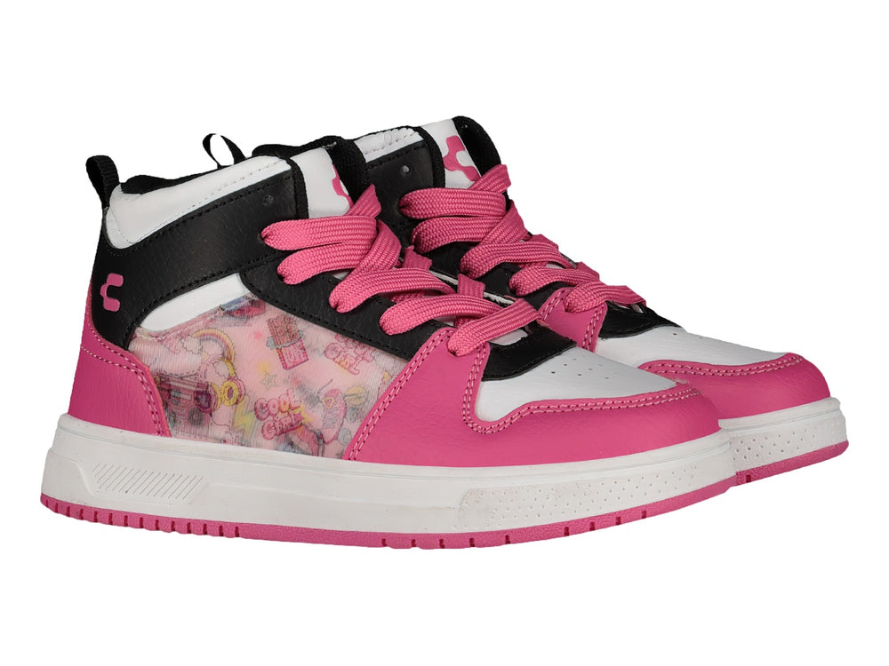Tenis deportivos Charly para niña en colores blanco, rosa y negro con detalles estampados laterales.