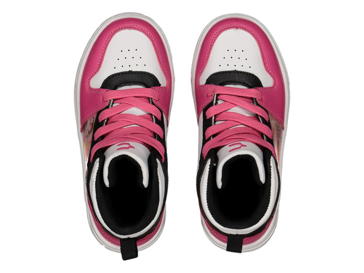 Tenis deportivos Charly para niña en colores blanco, rosa y negro con detalles estampados laterales.