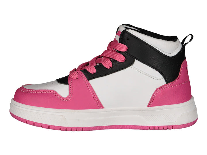 Tenis deportivos Charly para niña en colores blanco, rosa y negro con detalles estampados laterales.