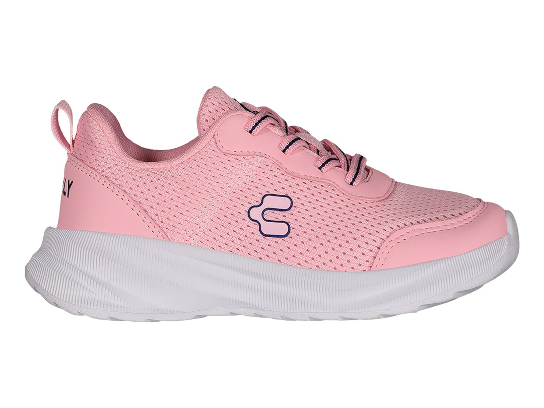 Tenis deportivos Charly color rosa con suela blanca y detalles en violeta.