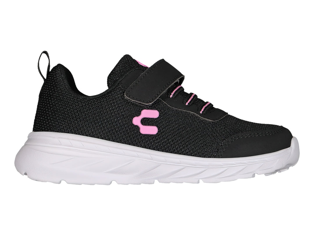 Tenis deportivos Charly color negro con suela blanca y detalles en rosa, cierre de velcro para niños.