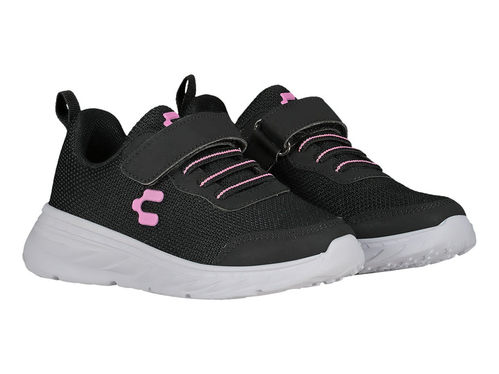 Tenis deportivos Charly color negro con suela blanca y detalles en rosa, cierre de velcro para niños.