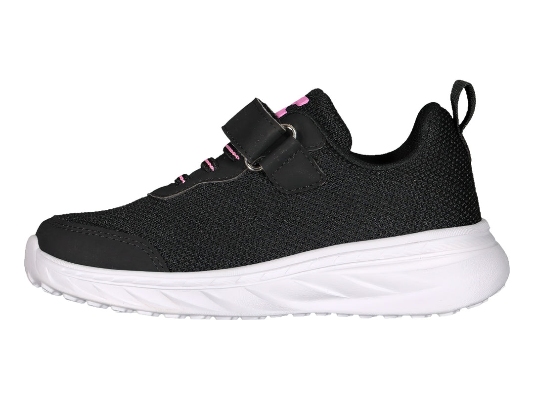Tenis deportivos Charly color negro con suela blanca y detalles en rosa, cierre de velcro para niños.