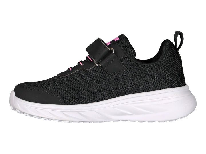 Tenis deportivos Charly color negro con suela blanca y detalles en rosa, cierre de velcro para niños.