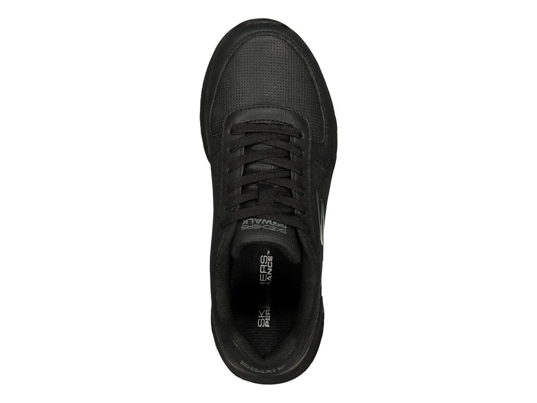 Tenis deportivos Skechers color negro con detalles de malla y suela gruesa.