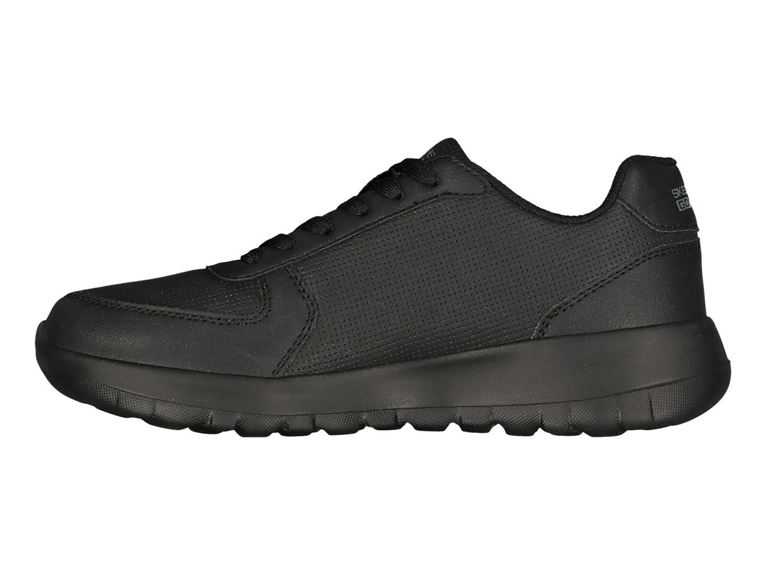 Tenis deportivos Skechers color negro con detalles de malla y suela gruesa.