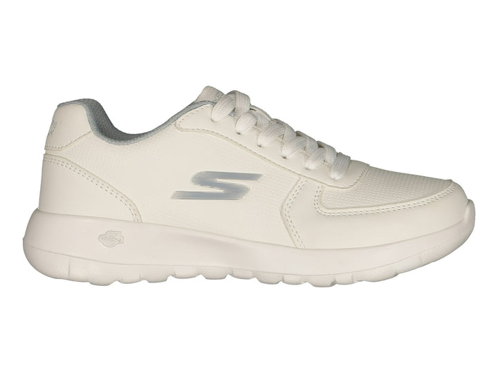 Tenis deportivos Skechers color blanco con suela blanca y detalles en gris claro.