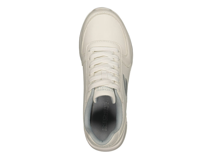 Tenis deportivos Skechers color blanco con suela blanca y detalles en gris claro.