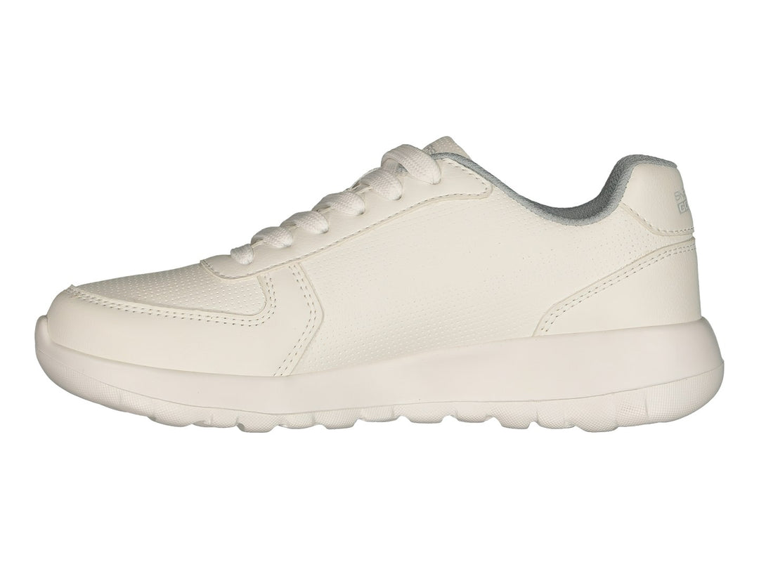 Tenis deportivos Skechers color blanco con suela blanca y detalles en gris claro.
