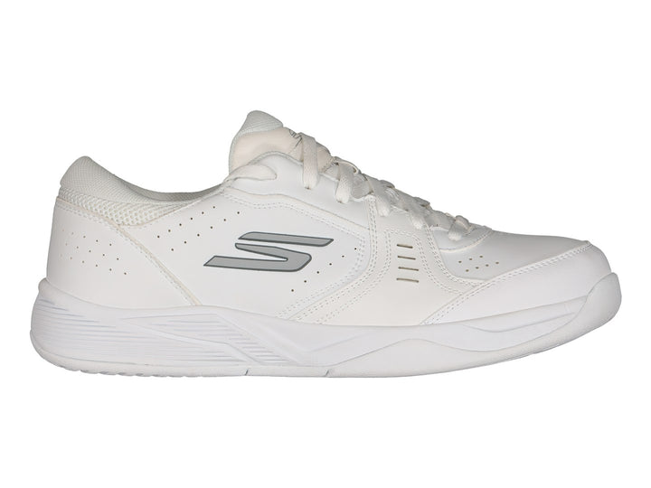 Tenis deportivos Skechers color blanco con suela blanca y detalles laterales.