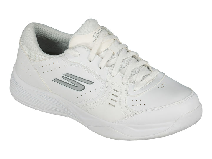 Tenis deportivos Skechers color blanco con suela blanca y detalles laterales.