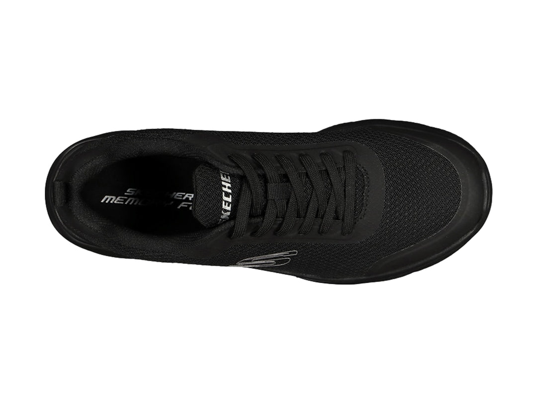 Tenis deportivos Skechers color negro con suela gruesa y tejido de malla.