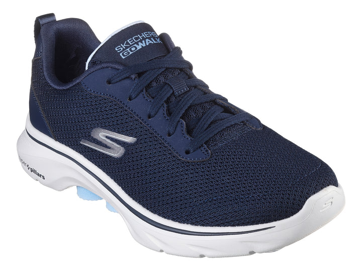 Tenis Skechers Go Walk 7 en color azul marino con suela blanca y detalles en azul claro.