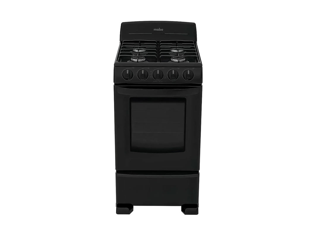 Estufa Mabe de 4 quemadores en color negro con horno integrado y acabado brillante.
