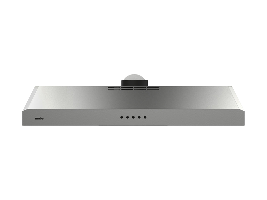 Campana extractora de cocina Mabe en acero inoxidable con acabado plateado y controles frontales.