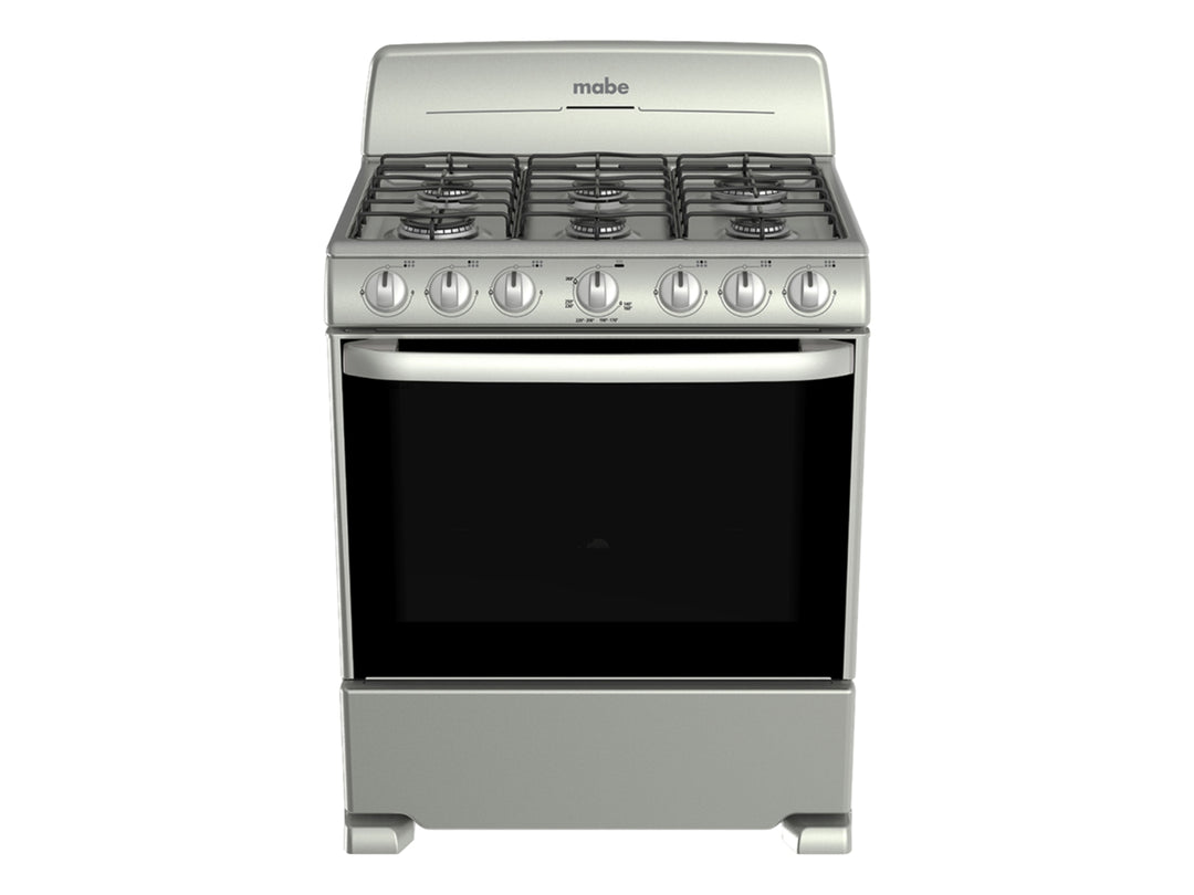 Estufa Mabe color plata con 6 quemadores y horno frontal de vidrio negro.