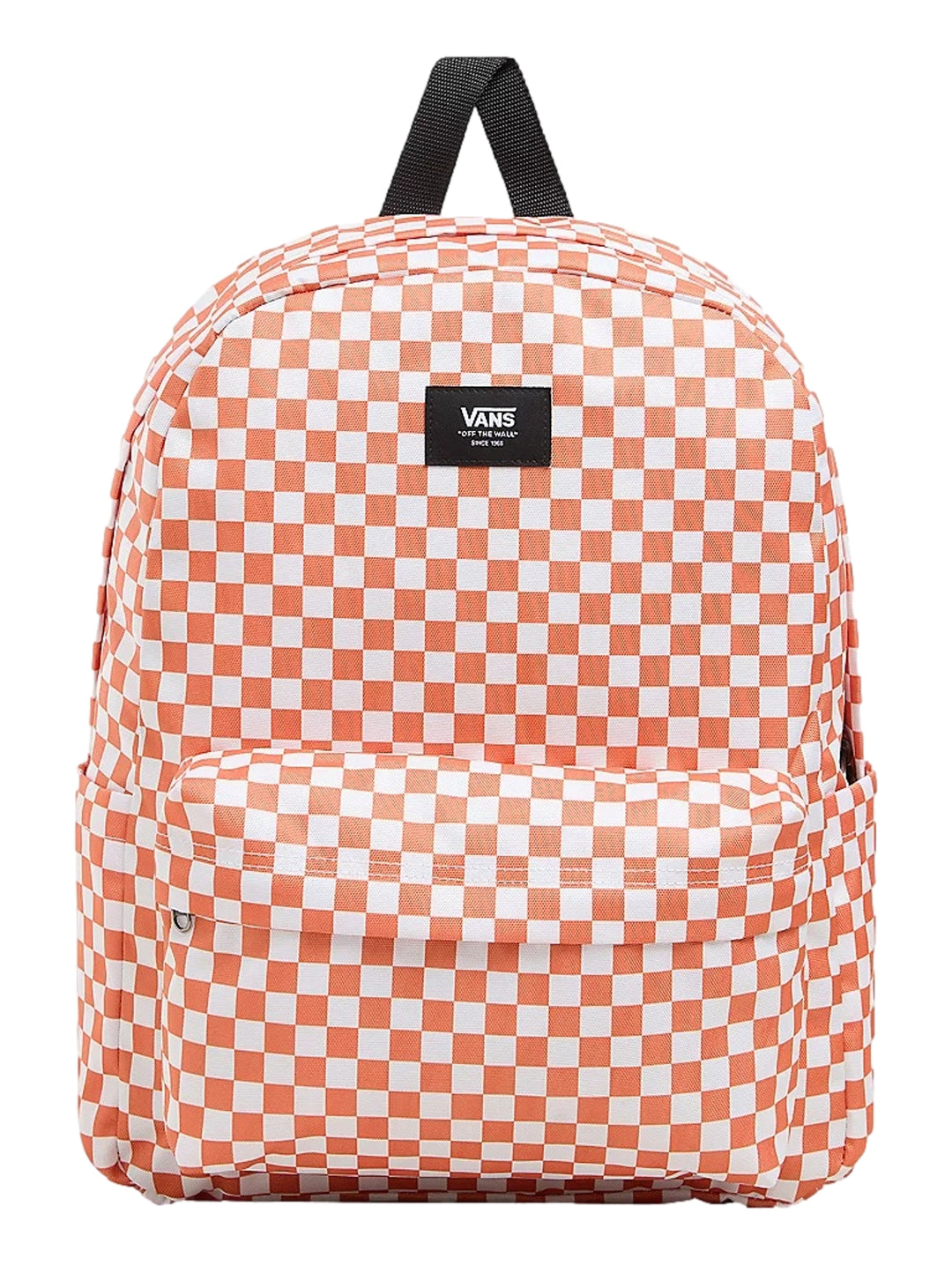 Mochila Vans con estampado de cuadros en color carnelian y blanco, con asa superior negra.