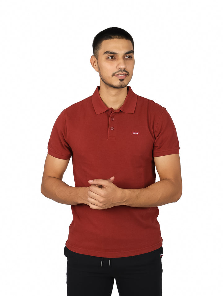 Hombre vistiendo una playera polo de color rojo ladrillo con cuello y botones.