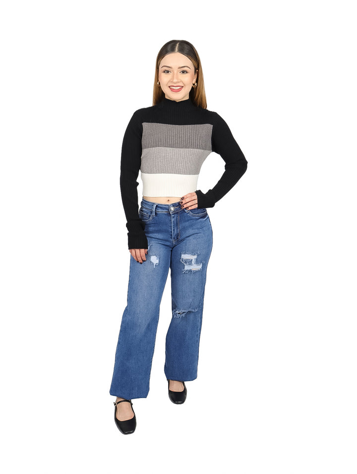 Blusa de cuello alto y manga larga con diseño de rayas horizontales en colores negro, gris y blanco.