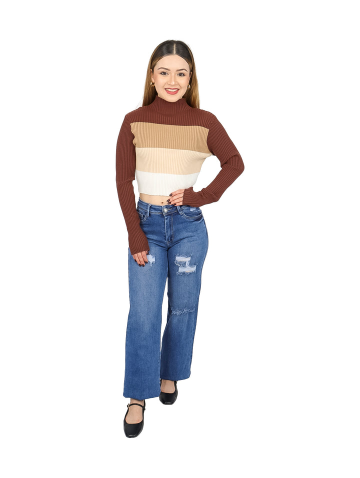 Blusa crop top de manga larga con cuello alto y rayas horizontales en colores café, beige y blanco.