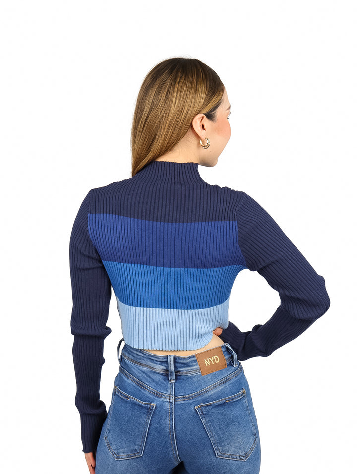 Blusa crop de cuello alto y manga larga con rayas horizontales en tonos de azul.