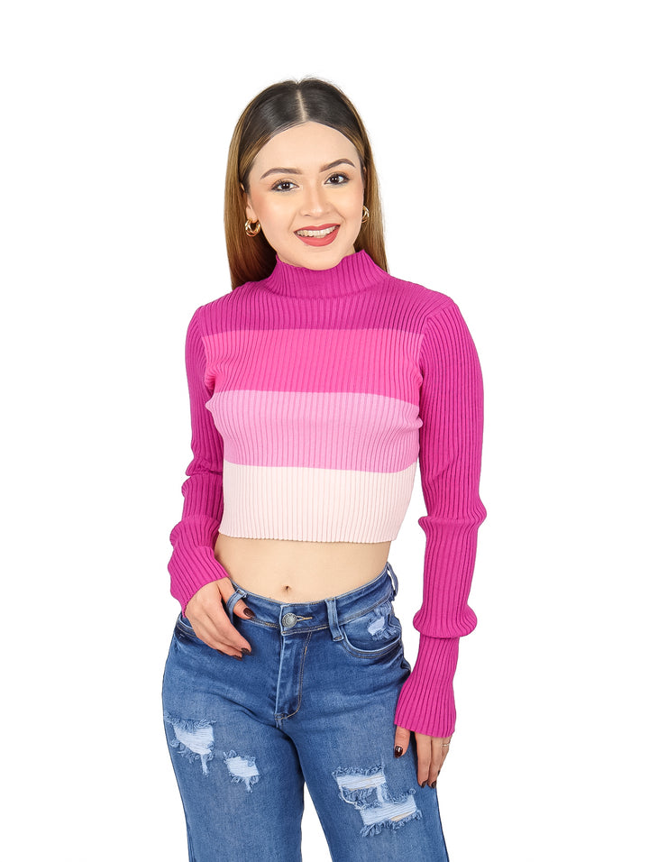 Blusa crop de manga larga y cuello alto con franjas horizontales en degradado de rosa a blanco.