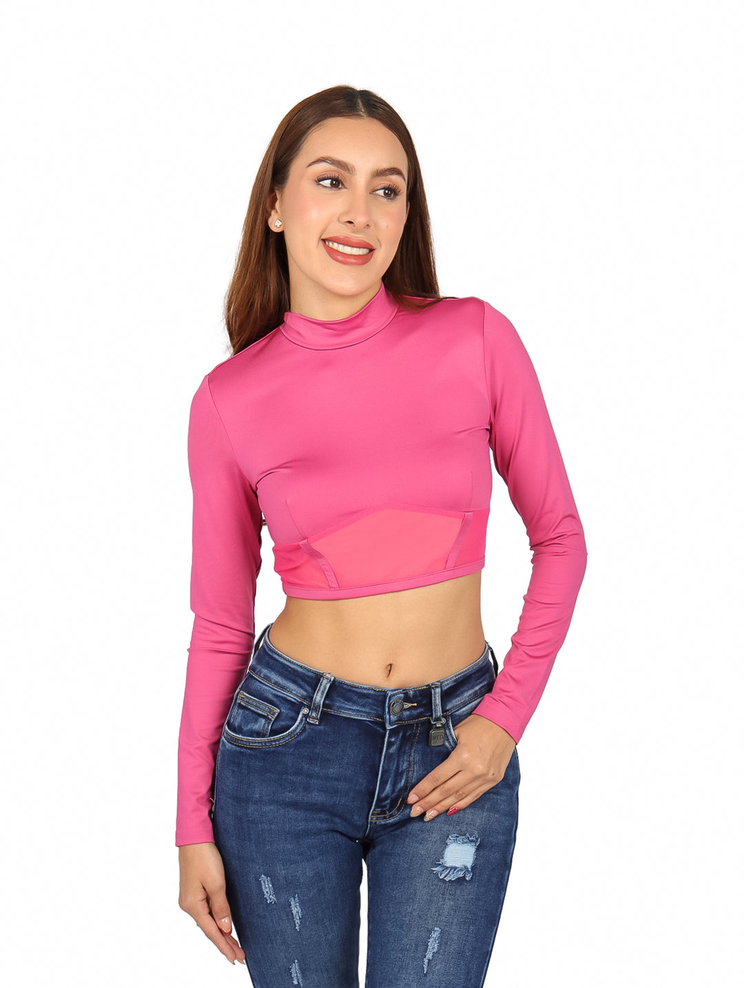 Blusa rosa de manga larga con detalle de transparencia frontal y corte crop
