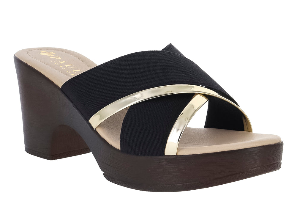 Sandalia de cuña color negro con detalle metálico dorado y suela de plataforma.