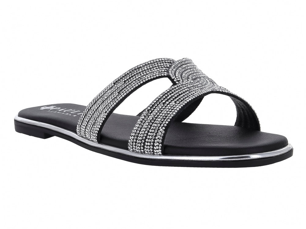 Sandalia plana color negro para mujer con tiras decoradas con brillos plateados y suela delgada.