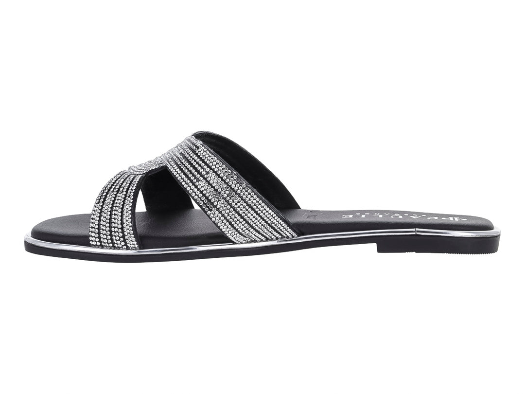 Sandalia plana color negro para mujer con tiras decoradas con brillos plateados y suela delgada.