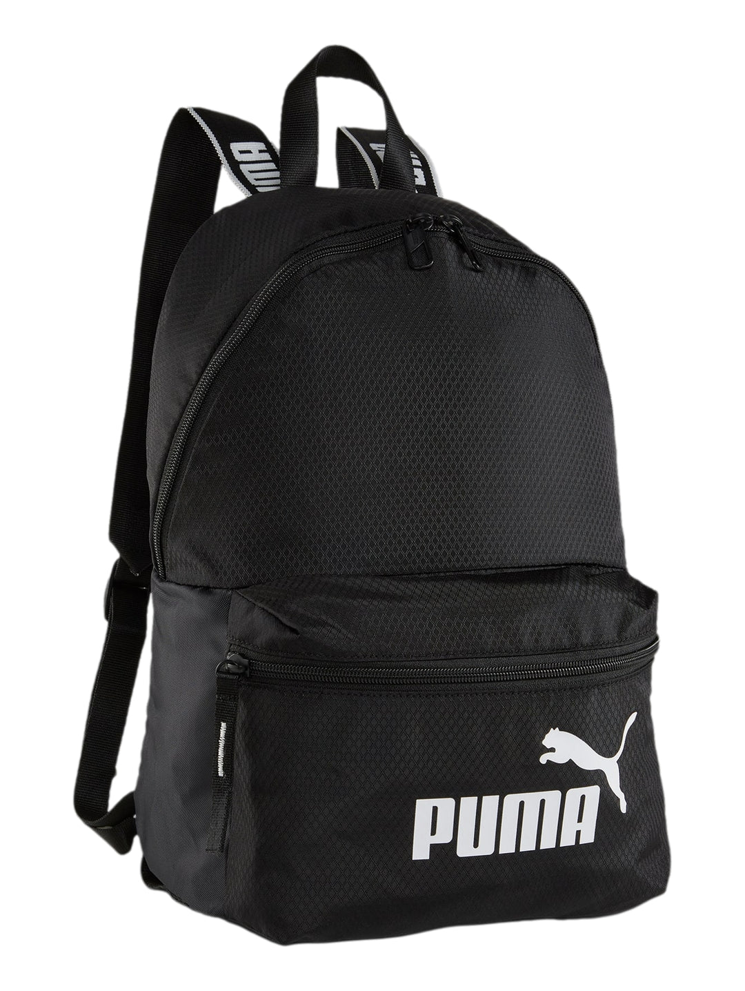 Mochila deportiva PUMA color negro con logotipo blanco frontal y correas ajustables.