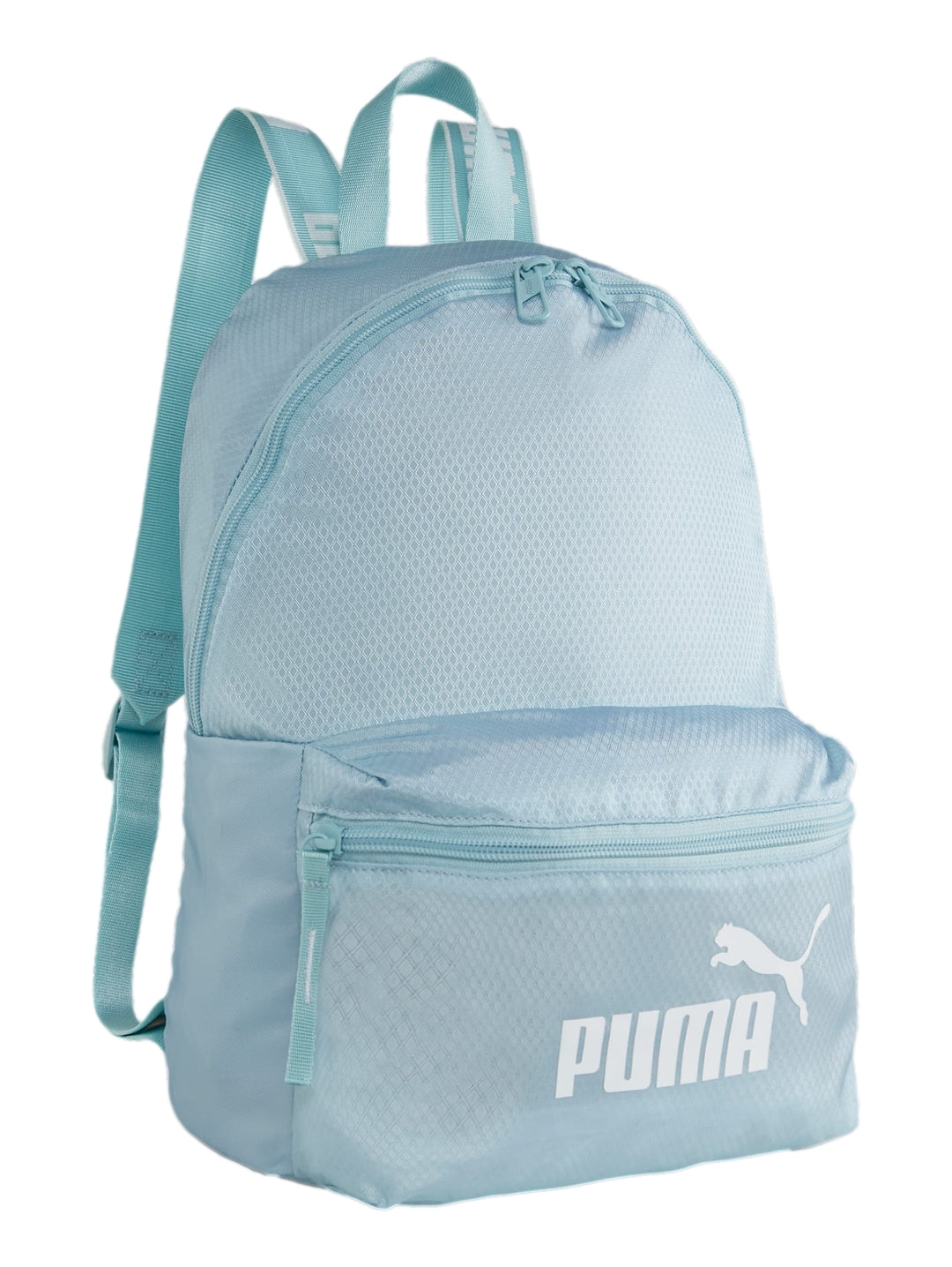 Mochila escolar PUMA en color turquesa surf con compartimento frontal y logotipo blanco.