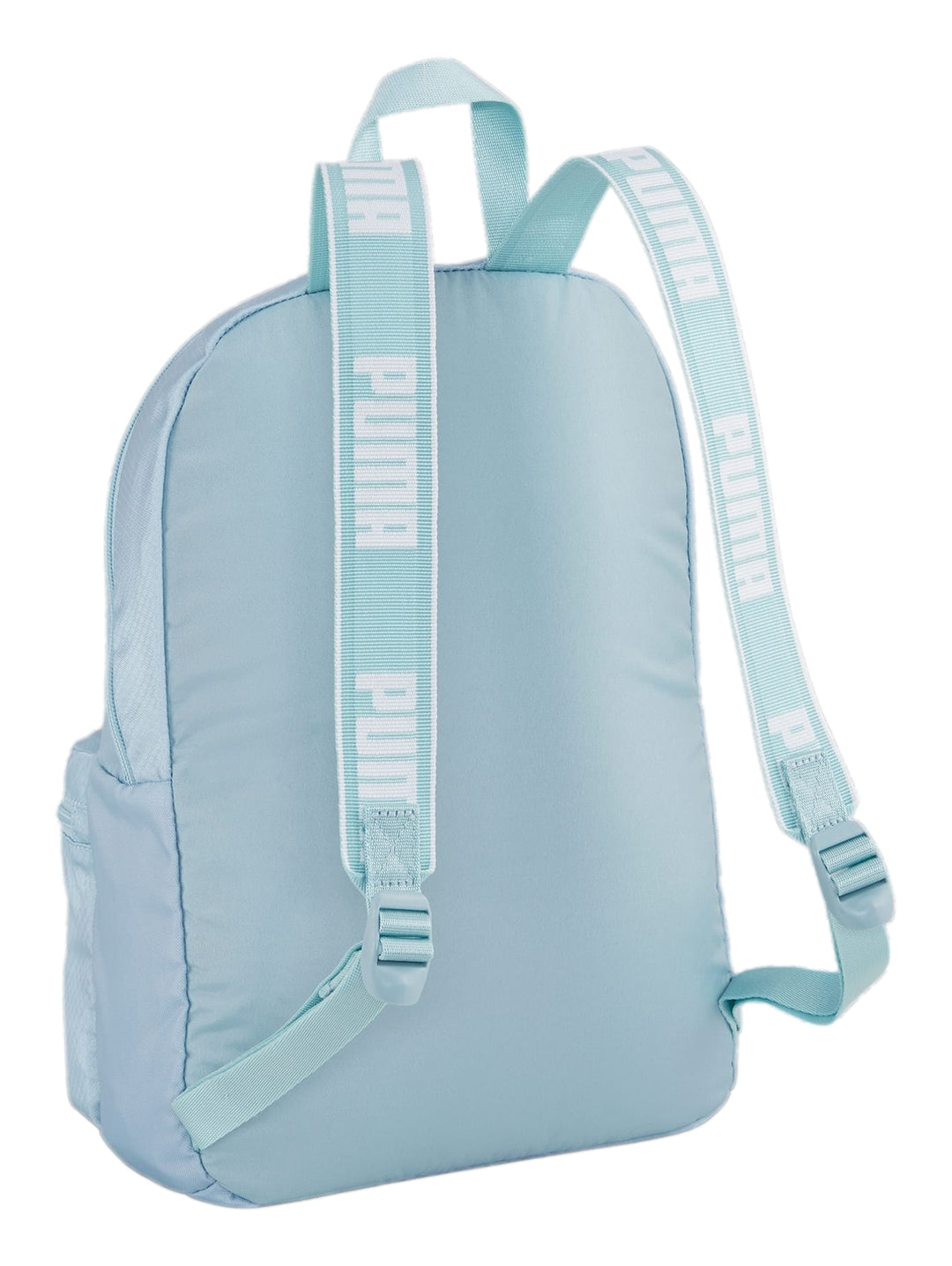 Mochila escolar PUMA en color turquesa surf con compartimento frontal y logotipo blanco.