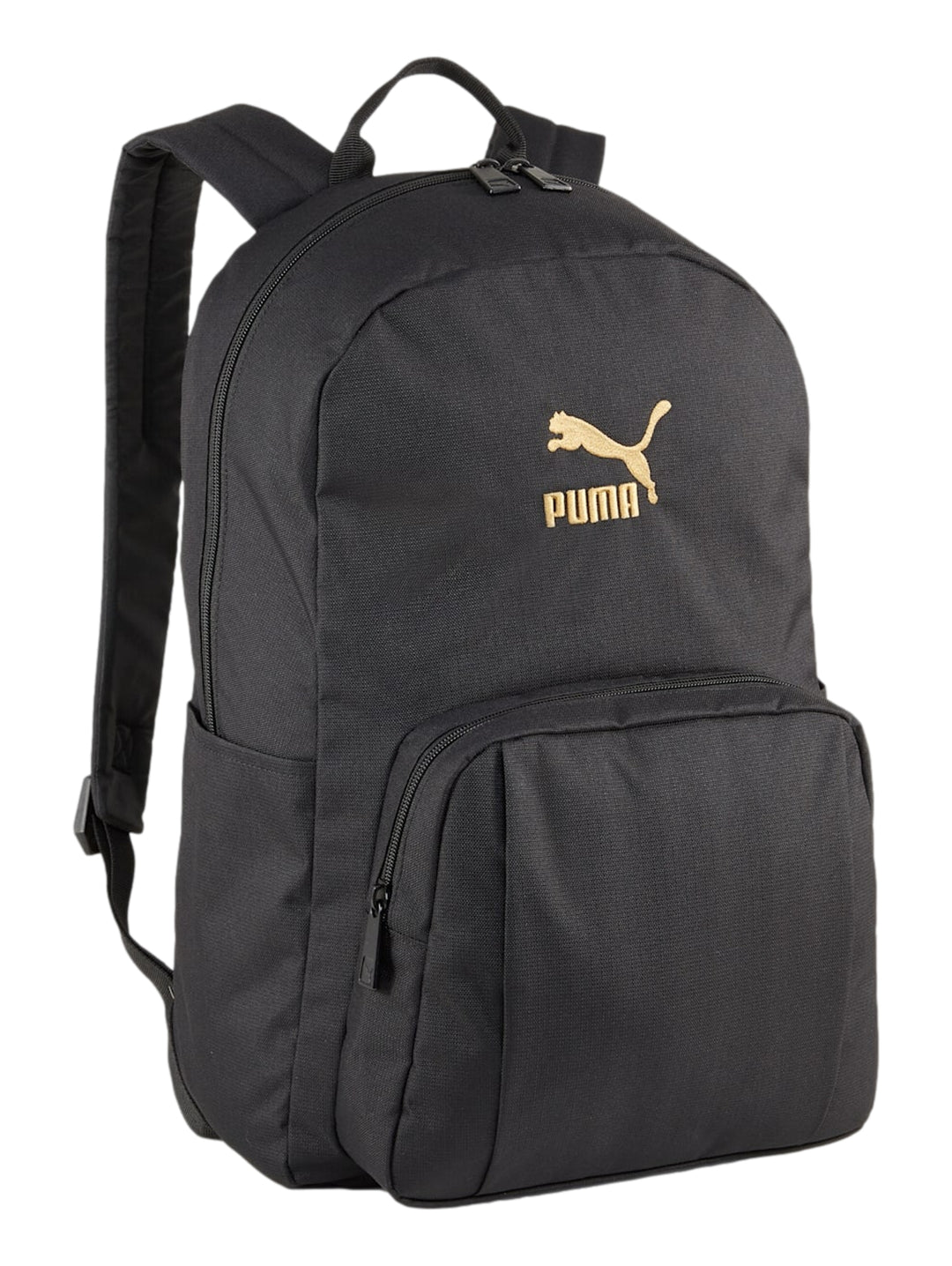Mochila Puma color negro con logotipo en dorado en la parte frontal y bolsillo inferior.