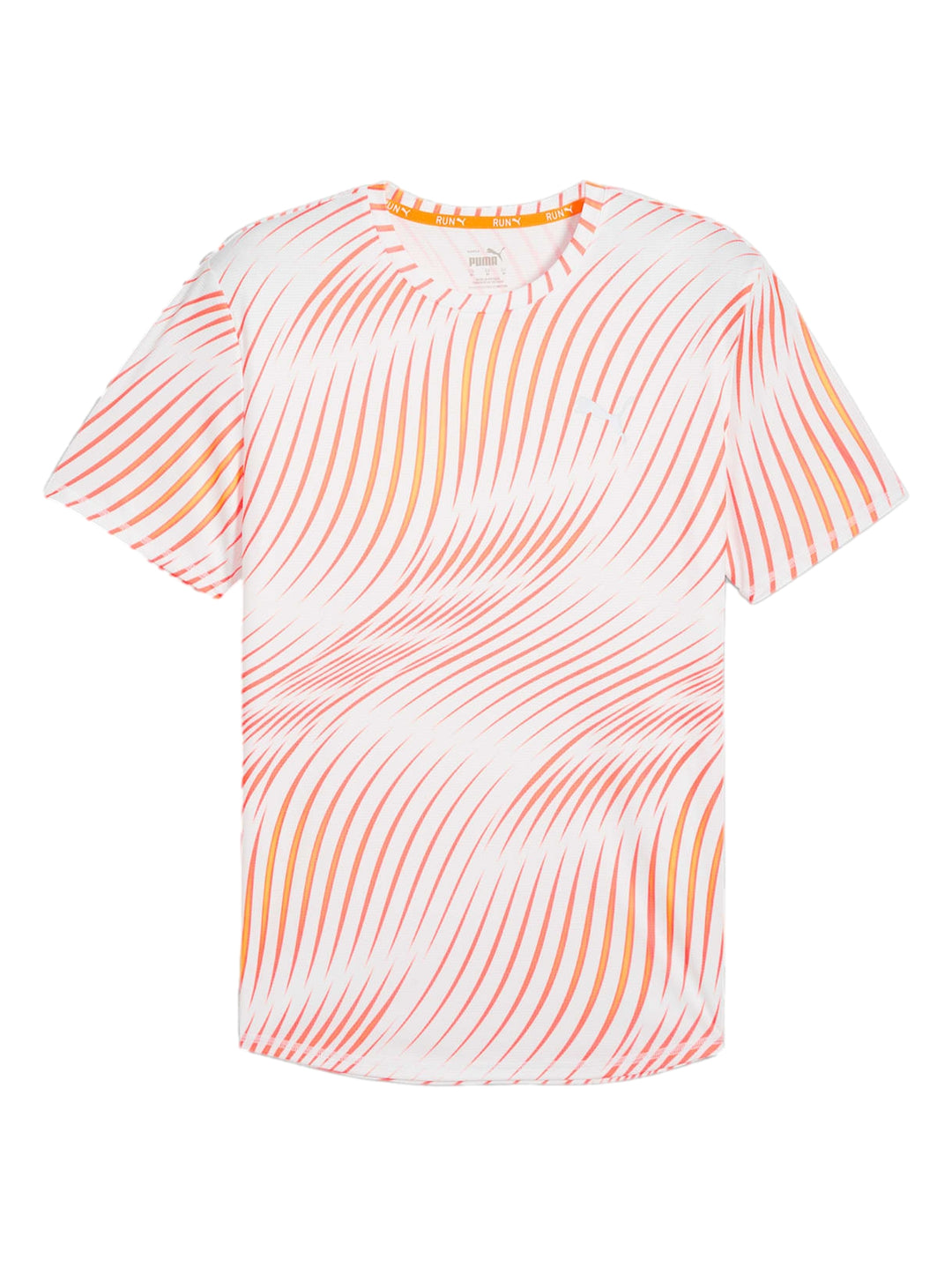 Camiseta deportiva PUMA blanca con estampado de rayas verticales en tonos naranja y amarillo.