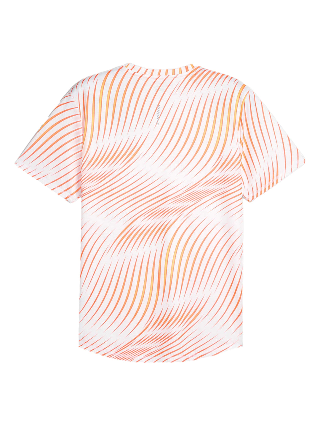 Camiseta deportiva PUMA blanca con estampado de rayas verticales en tonos naranja y amarillo.