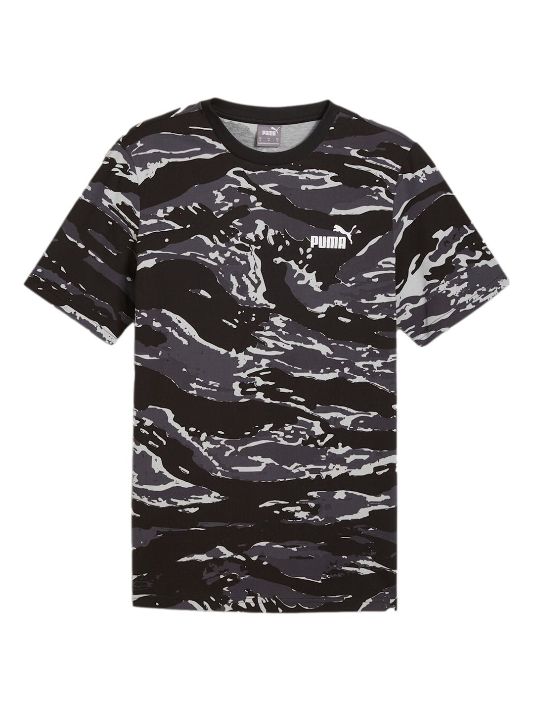 Camiseta PUMA de manga corta con estampado de camuflaje en colores negro y gris.