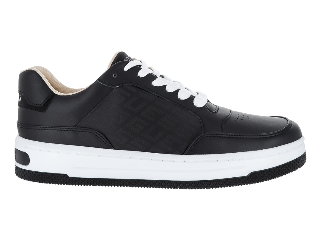 Tenis Guess color negro con suela blanca y agujetas blancas para uso casual.