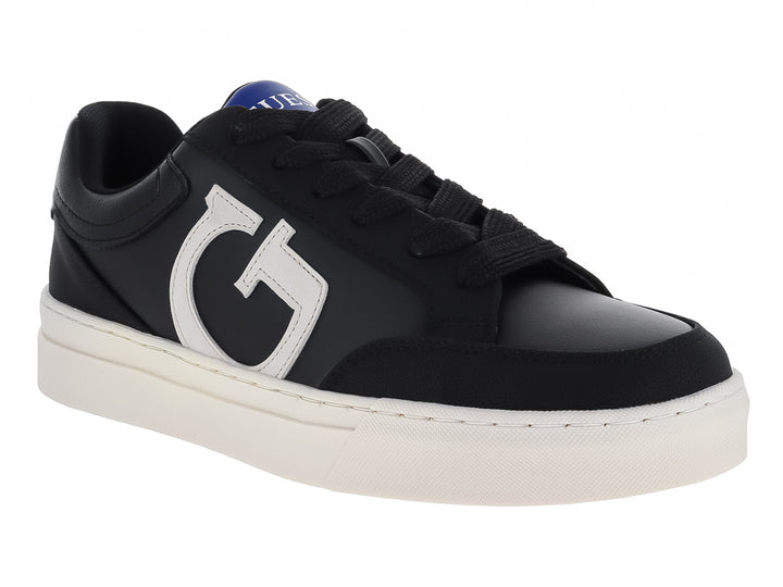 Tenis Guess negros con suela blanca y logotipo G blanco en el lateral.