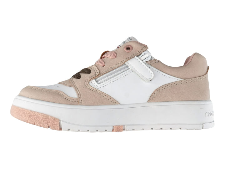 Tenis Tommy Hilfiger color beige y blanco con detalles en verde y suela blanca.