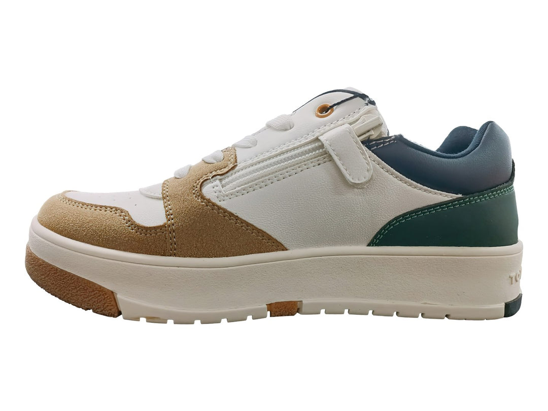 Tenis Tommy Hilfiger T3X9 en colores blanco, beige y azul con suela ancha y cordones blancos.